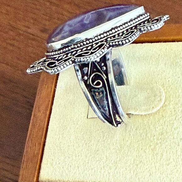 Natural Amethyst Faceted Teardrop Solitaire Sterling Silver Statement Ring Sz 8 - Picture 3 of 7